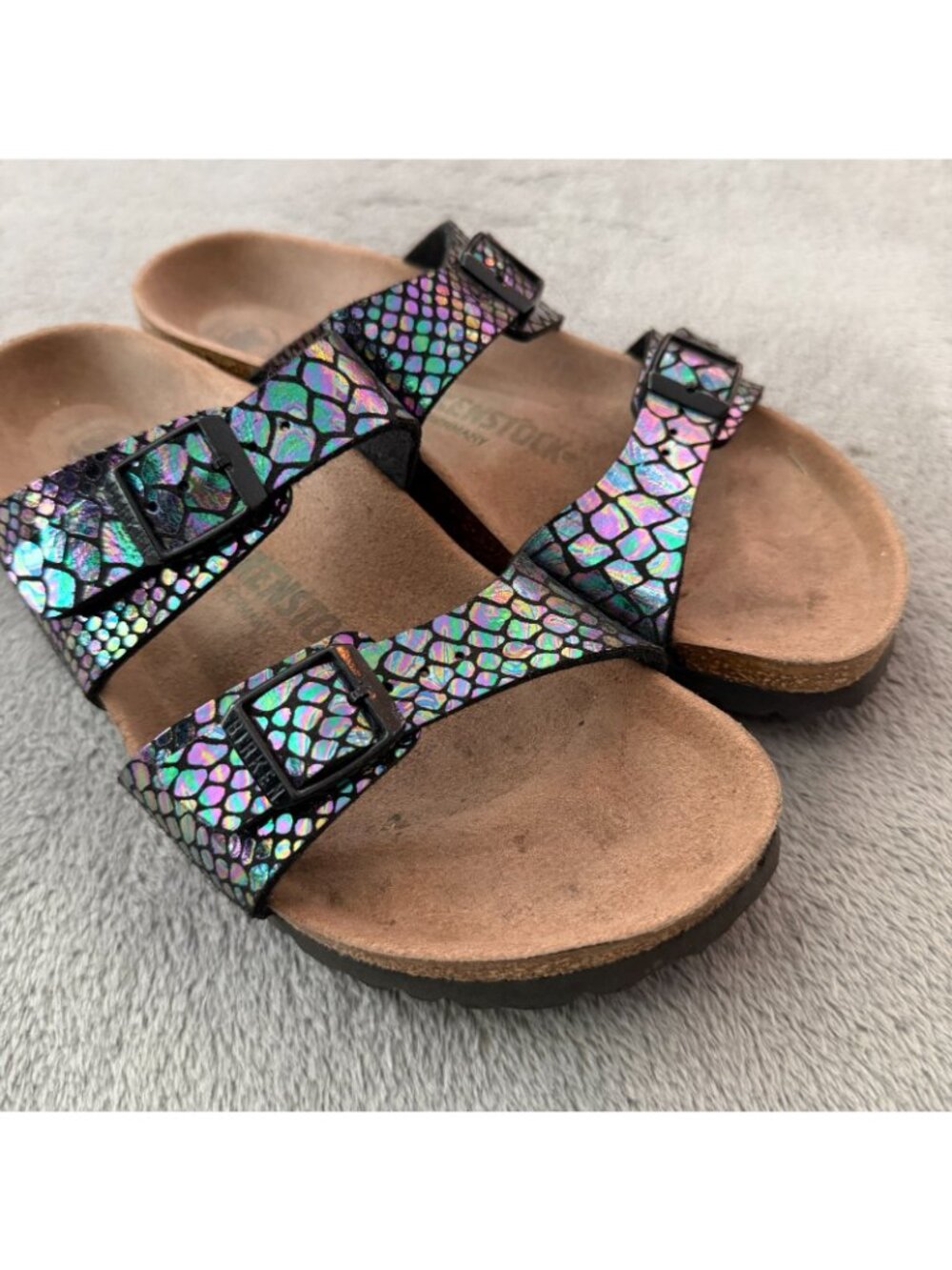 Birkenstock Sydney Vegan Sandals Shoes Womens 38 US 7 Shiny Snake Print - Picture 2 of 7